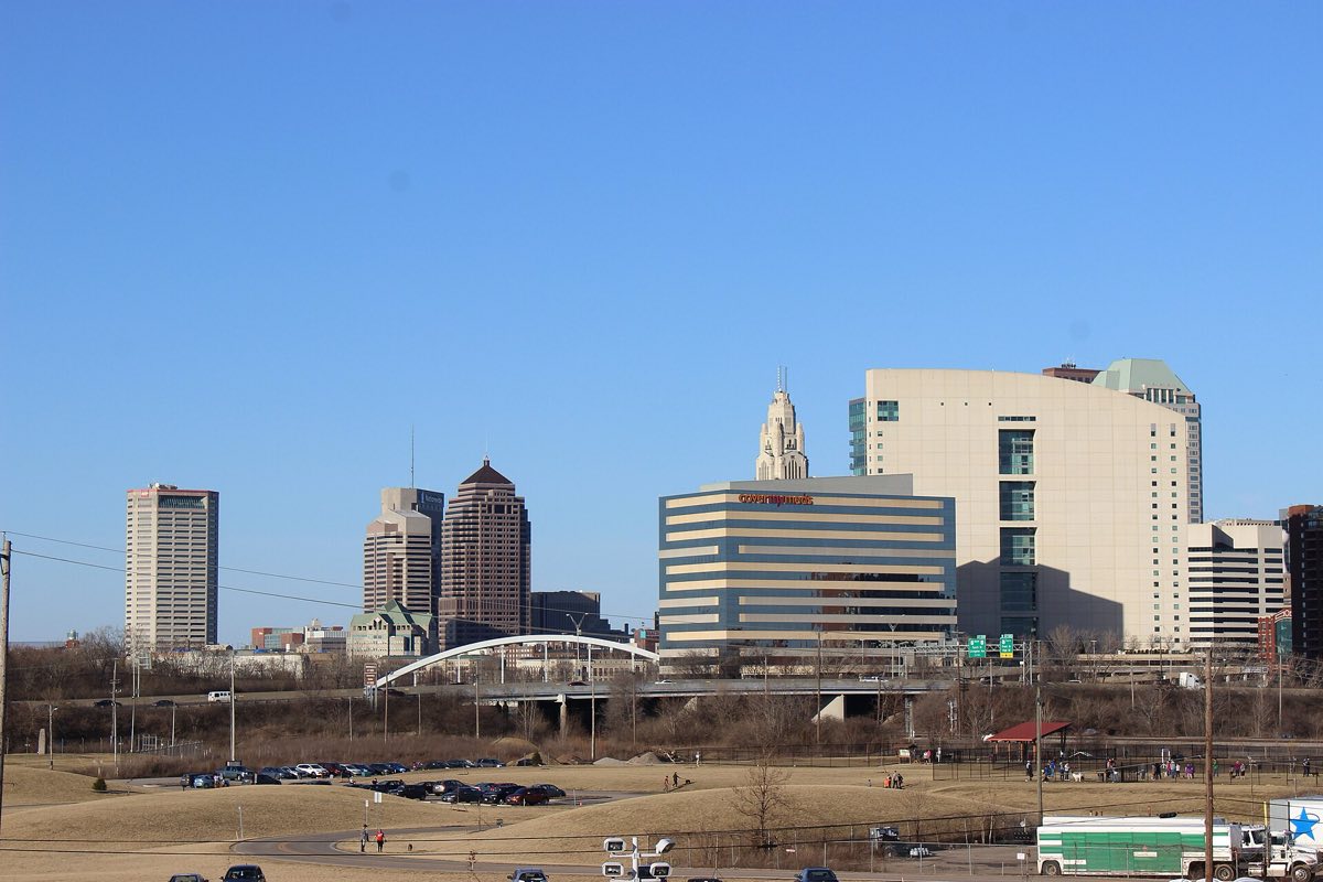 The downtown Columbus skyline seen across the Scioto River