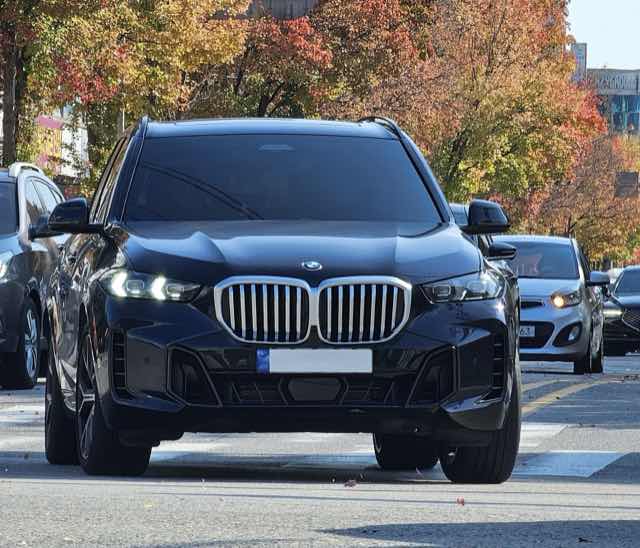 Front view of a black 2024 BMW X5 on an autumn street